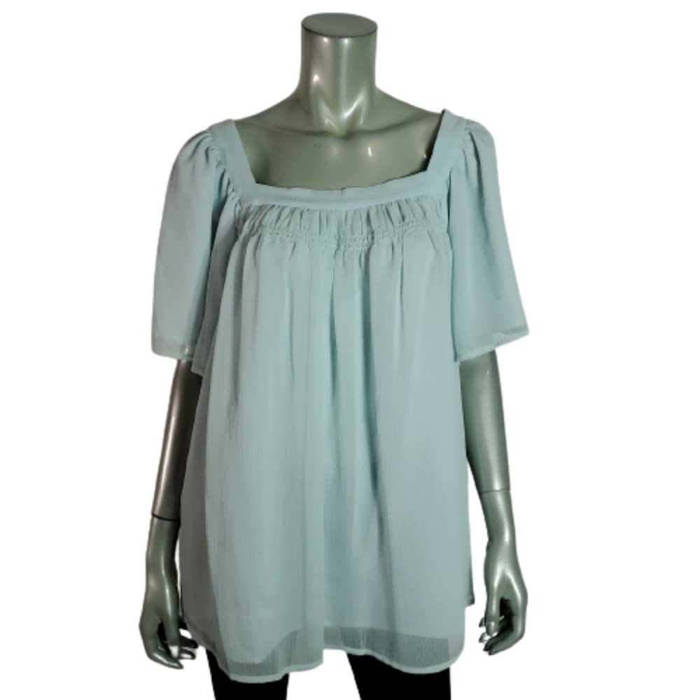 Evri‎ Womens Top Plus Size 1X Chiffon Overlay Lined Square Neck Pullover Blue